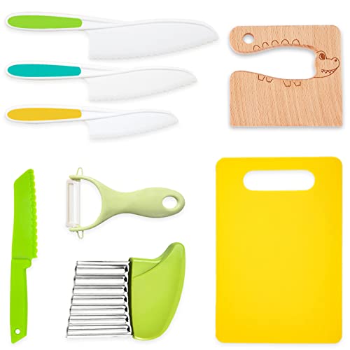 8 Pieces Wooden Kids Kitchen Knifes for Real Cooking Include Plastic Toddler Knife, Wood Kids Safe Knives, Potato Slicers, Serrated Edges Cooking Knife, Y Peeler, Cutting Board (Crocodile) - PUF HOUSE